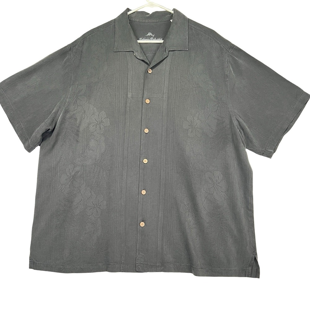 Tommy Bahama Men 2XLB Black 100% Silk Embroidered Floral Camp Shirt Short Sleeve